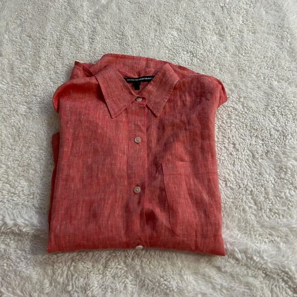 Ellen Tracy Linen Women's Red Button Up Blouse Roll Tab Sleeve S Business Casual - Picture 1 of 7